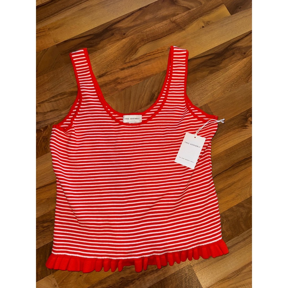 Free Assembly Ruffle U Neck Tank Womens XL red Stripe NEW Ribbed Knit Top office